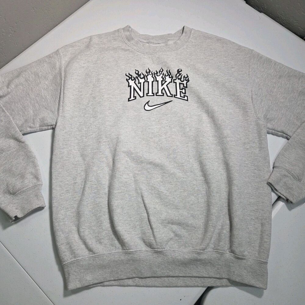 ​Nike Flame Swoosh Crewneck Sweatshirt Gray Graphic Streetwear Men's Large
